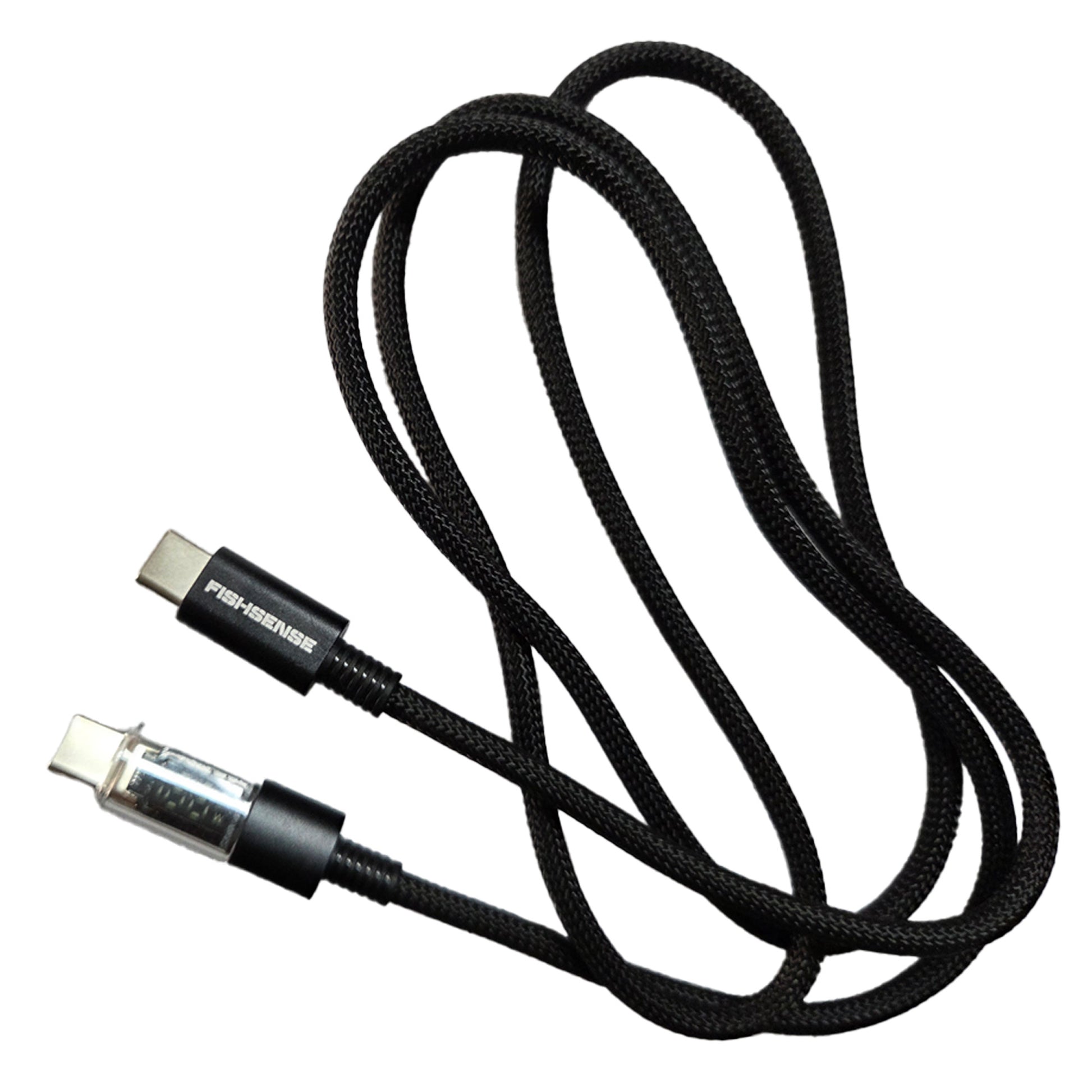 Lumi-Volt USB-C laadkabel volledig uitgerold – gevlochten zwart kabel met LED-display stekker voor LumiCatch